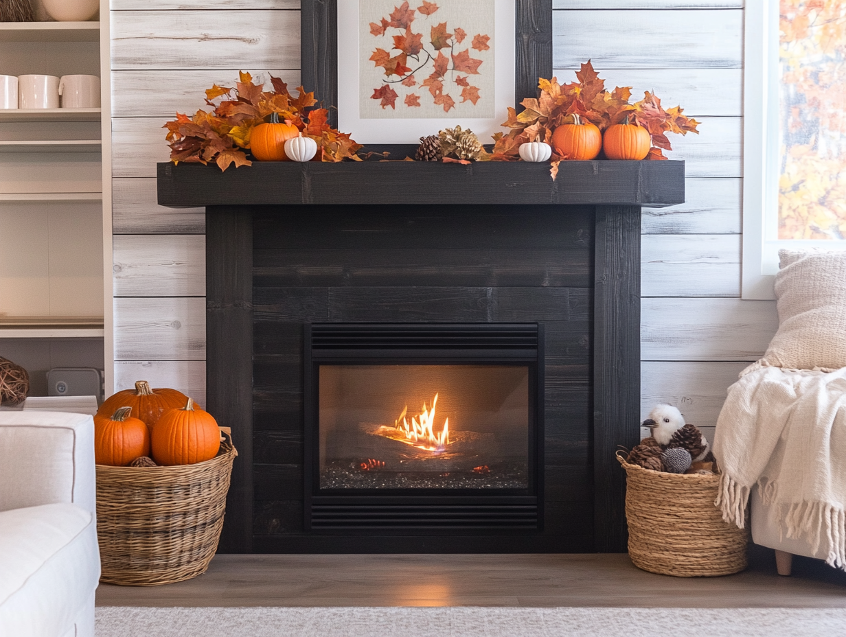 Elegant black shiplap fireplace decorated for autumn with pumpkins and leaves, cozy atmosphere with soft lighting, wooden shelf above displaying artwork, basket of winter decor items, white sofa in front, serene home interior design.