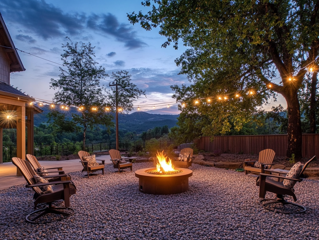 Cozy backyard scene with an elegant fire pit, comfortable chairs, and string lights overhead, creating a warm glow at dusk, surrounded by gravel, perfect for late-night gatherings and serene moments under the twinkling stars.