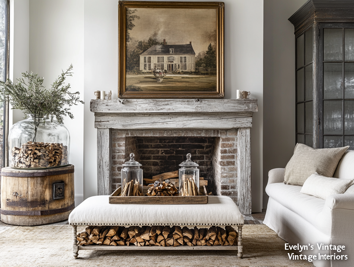 Cozy living room featuring a distressed vintage white oak fireplace with grey brickwork, an antique painting above the fireplace, and a linen ottoman beside a coffee table with glass cloches over firewood, labeled "Evelyn's Vintage Interiors" in black lettering, captured in natural light.