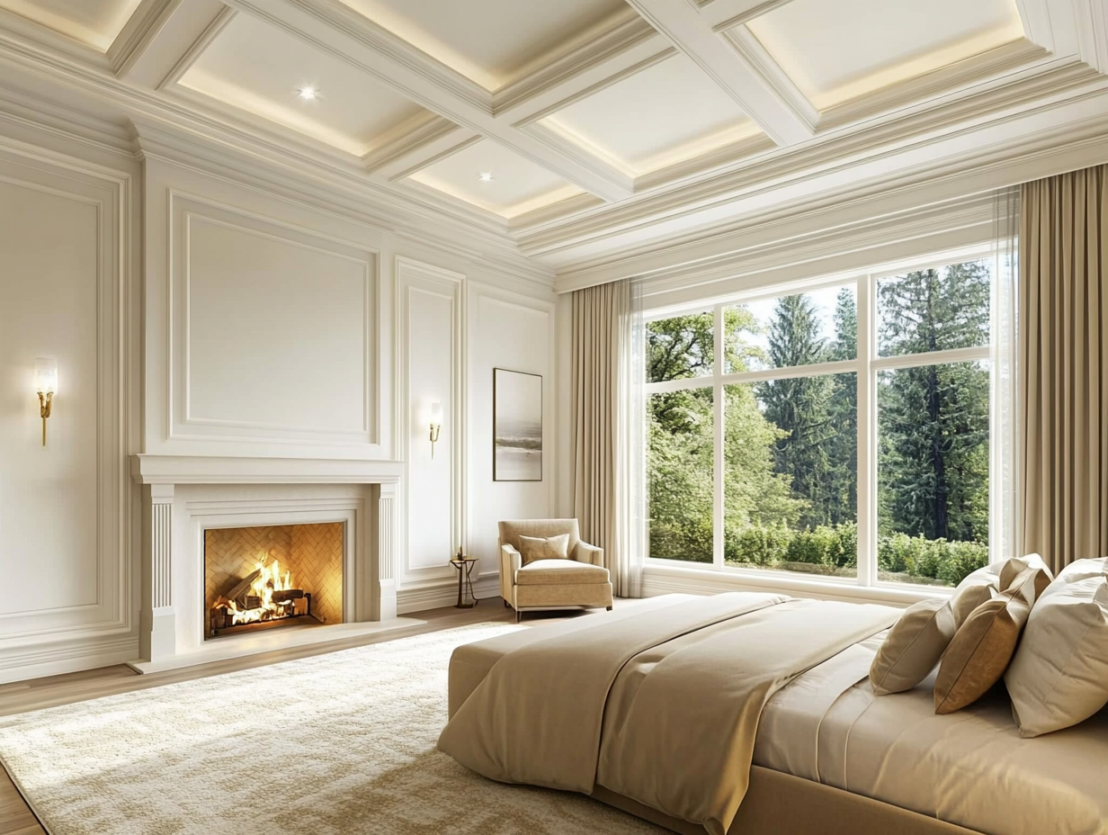 Master bedroom in a luxury home featuring a white wall with detailed molding, large coffered ceiling, and a cozy fireplace. The room has plush carpet flooring, a cream-colored rug, and a light tan bed. Furnished with an armchair and a chair beside the sofa, the window provides a scenic view of the forest outside.