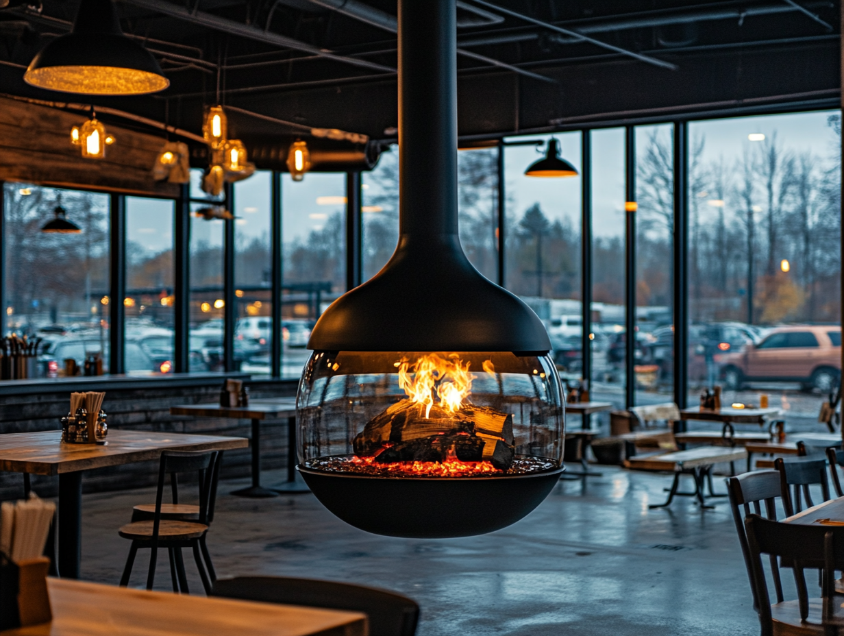 Modern black suspended fireplace in industrial-style restaurant with concrete floor and wooden tables, warm light from ceiling lamps, bright fire, cloudy day visible through large windows, busy parking lot outside, captured with Canon D50 camera.