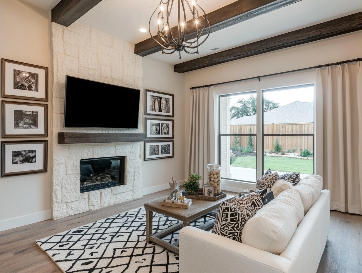 Modern farmhouse living room featuring a white stone fireplace, a wall-mounted TV, a gallery of framed pictures above a sofa, dark wood beam walls, light beige-grey flooring, a black geometric patterned area rug, a large chandelier, and large windows overlooking a garden.