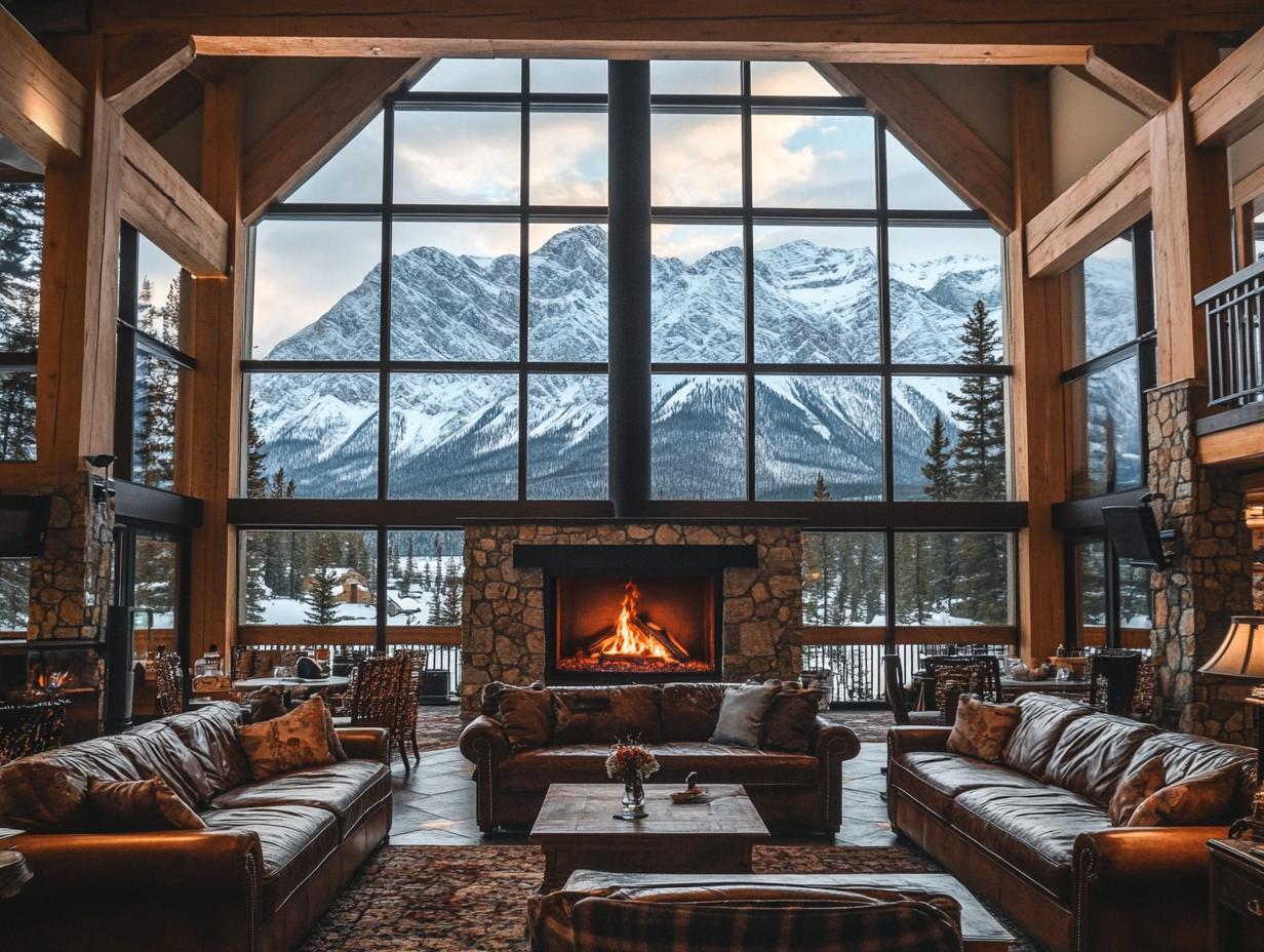 "Large rustic living room with high ceilings and floor-to-ceiling windows showing snow-capped mountains in Banff, Alberta, featuring natural stone and wood beams, a cozy fireplace, leather sofas with soft blankets, and coffee tables with TVs, perfect for winter relaxation."