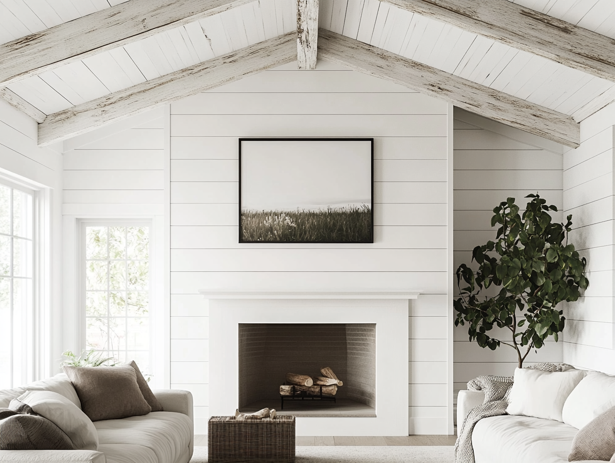 Modern farmhouse living room featuring a white shiplap wall, wide fireplace, large picture frame above the fireplace, white wooden beams ceiling, and a spacious window. Decorated in neutral tones with a stylish sofa and a small potted plant, this aesthetic interior embodies minimalist design perfect for an interior design magazine cover. High-resolution, professional-quality photograph showcasing detailed decor and design elements.