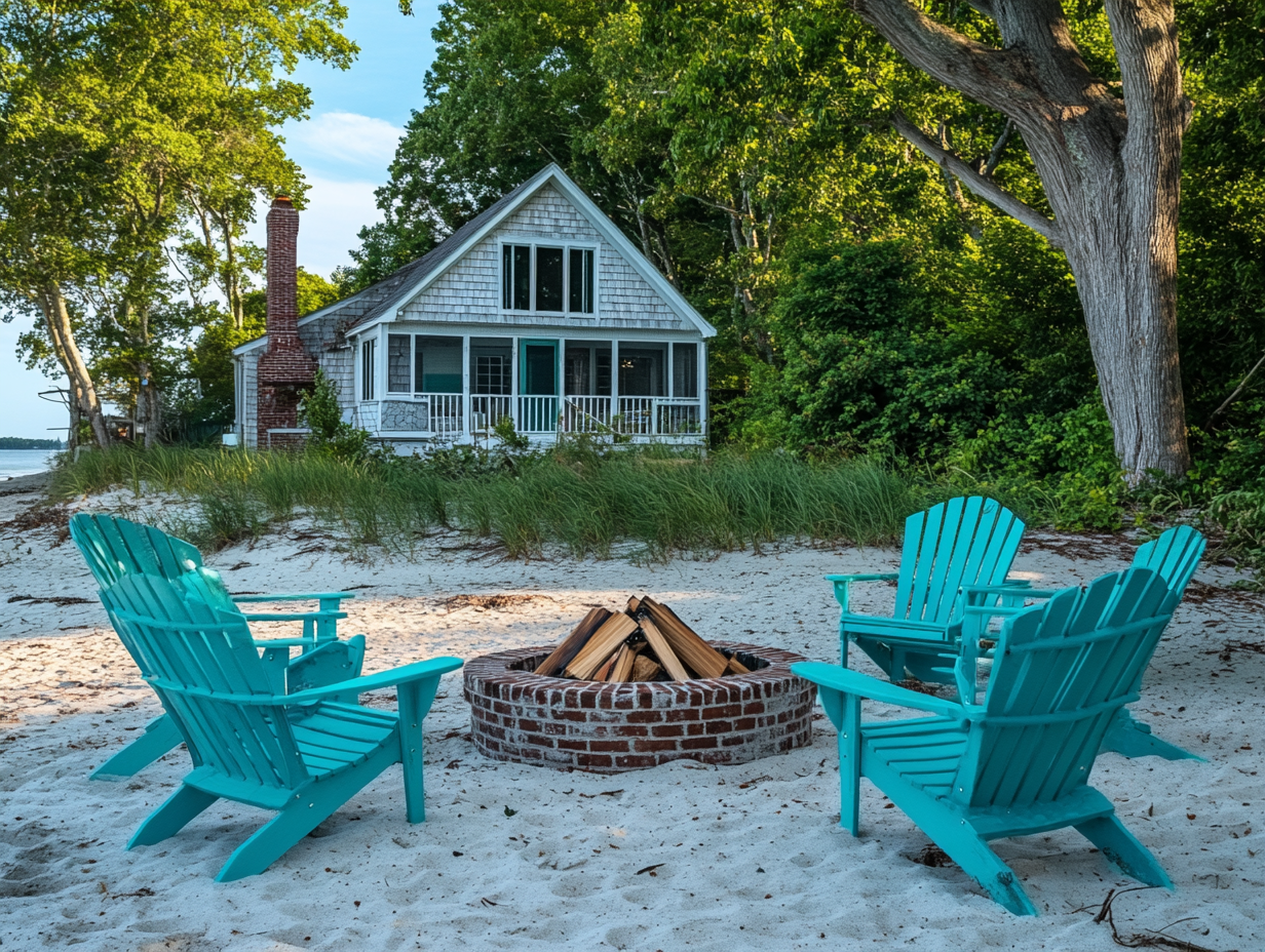 "Beachfront cottage with outdoor fire pit, sandy beaches, and turquoise chairs, featuring brick construction and white frame surrounded by lush green trees in summer, showcasing coastal living"