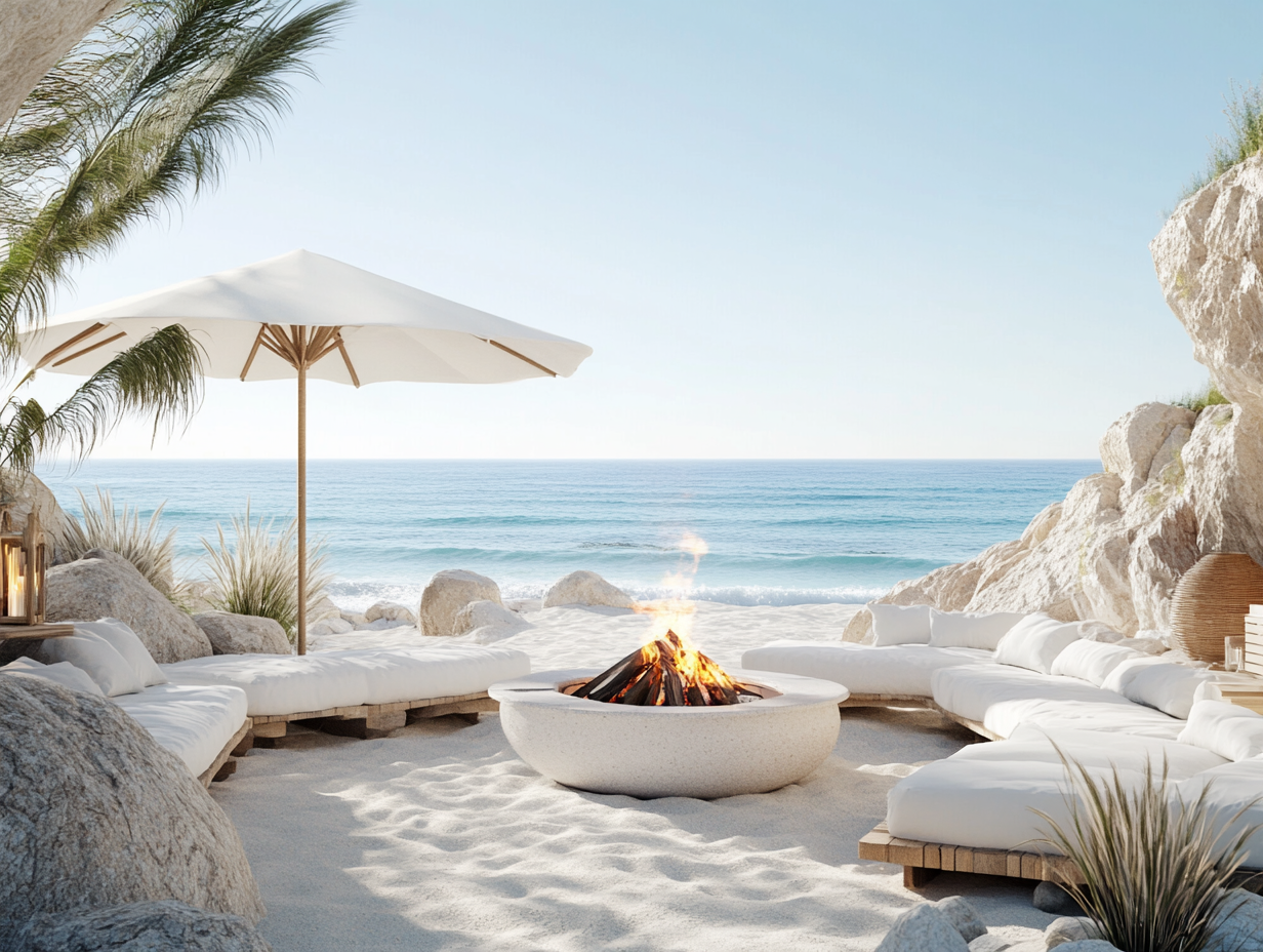 "Beachside fire pit with umbrella, surrounded by white cushions and large stones, overlooking the ocean under clear skies, featuring soft edges and white wooden structures in a light beige design."