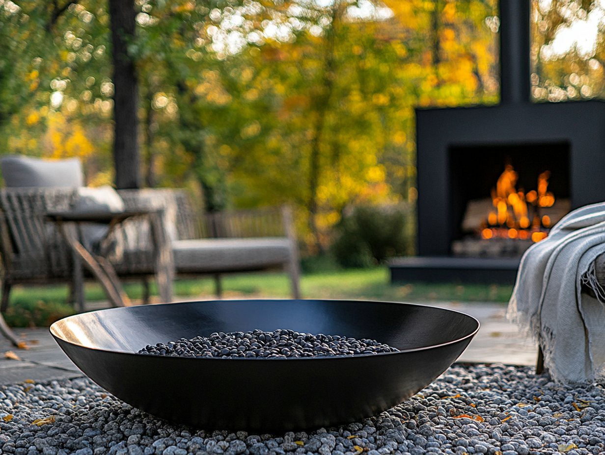 Large black fire bowl with pebbles on gravel beside an outdoor fireplace, surrounded by chairs and throw blankets, set against a backdrop of trees and greenery in warm lighting, creating a cozy atmosphere.