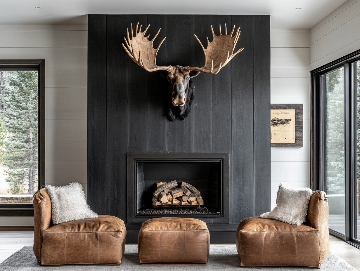 Black shiplap fireplace wall in a luxury modern farmhouse living room, featuring two brown leather footstools and a large mounted moose head, showcasing award-winning design and architectural photography for an interior design magazine editorial.