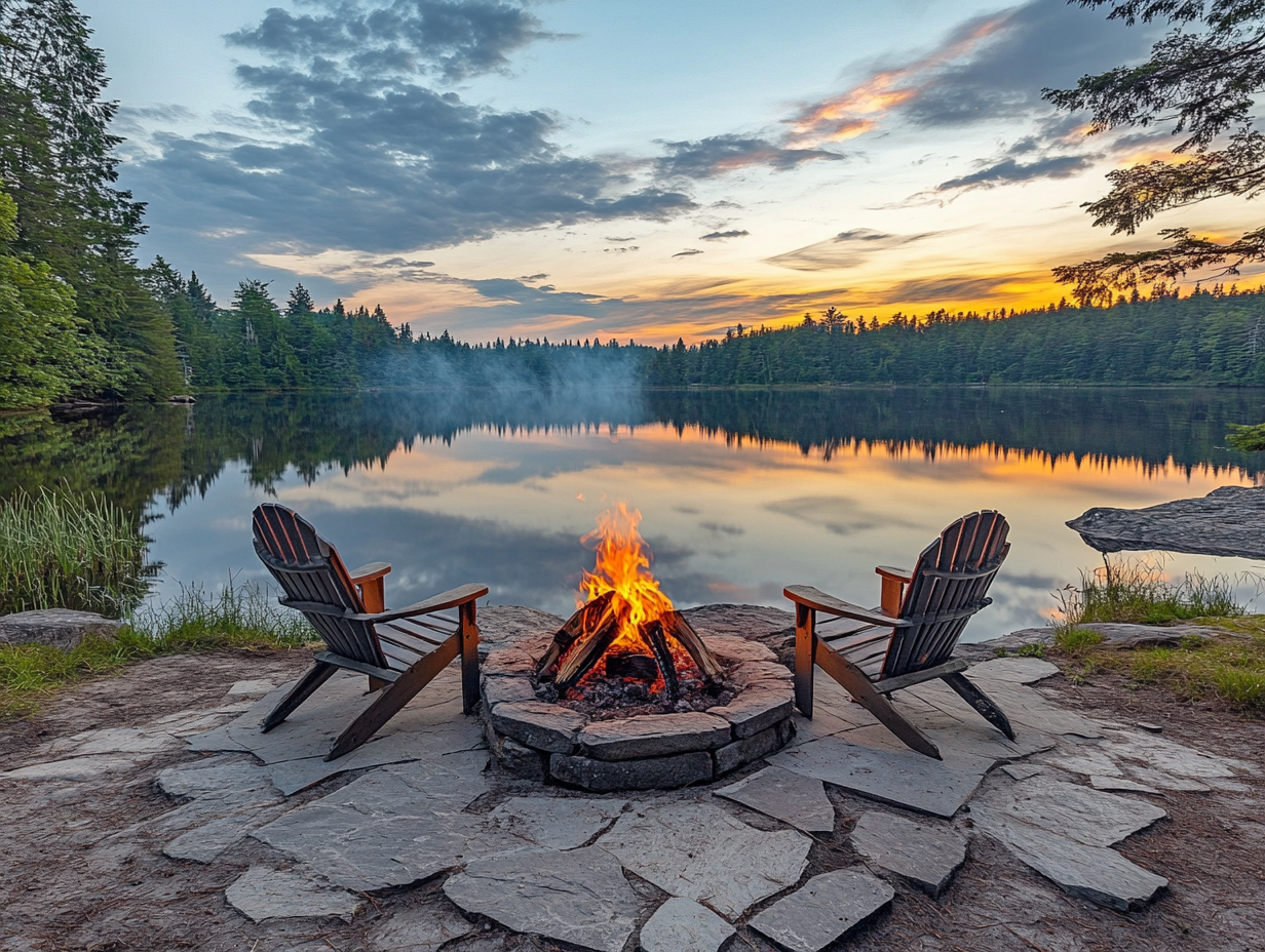 Campfire with two chairs on the shore of an American lake at sunset, featuring a stone platform and fire pit, surrounded by a serene forested landscape reflecting in calm water and a beautiful cloudy sky above.