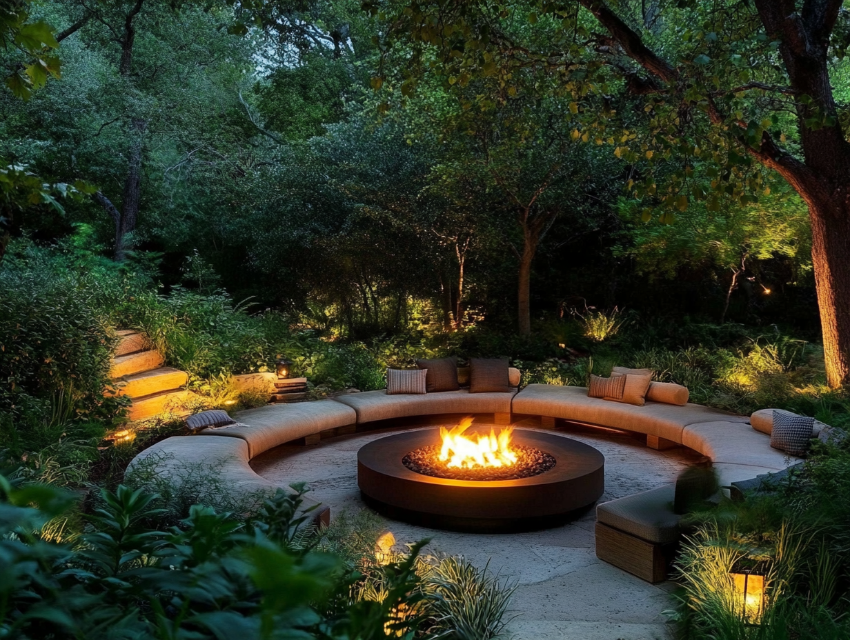 "Cozy circular fire pit surrounded by comfortable seating in an enchanting garden at night, featuring soft lighting and lush greenery, ideal for social gatherings or romantic candlelit celebrations."