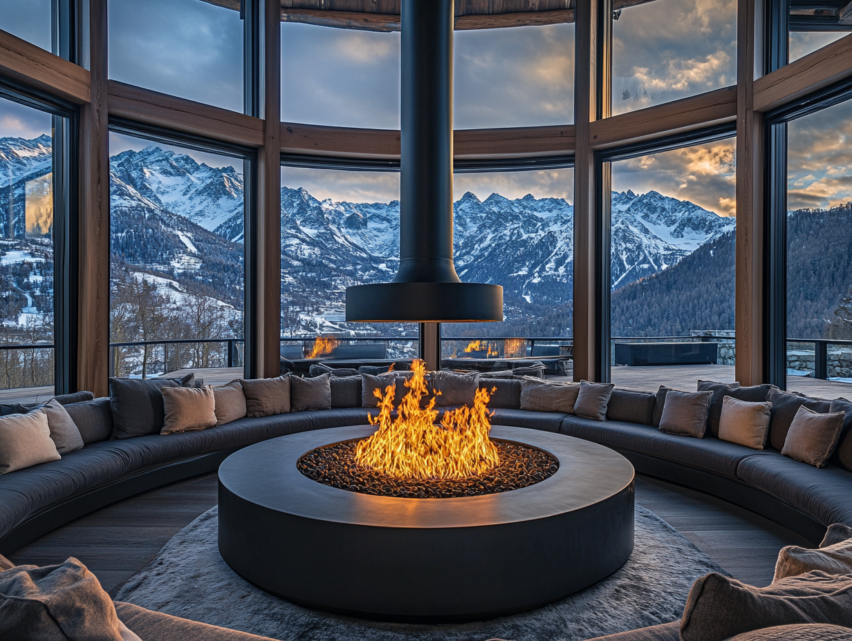 Circular fireplace in a luxurious open living room with floor-to-ceiling windows showcasing snow-capped mountains, surrounded by comfortable dark gray sofas, warm lighting, and a prominent black pipe above the fire pit, captured in ultra-high definition by a Canon EOS R5.