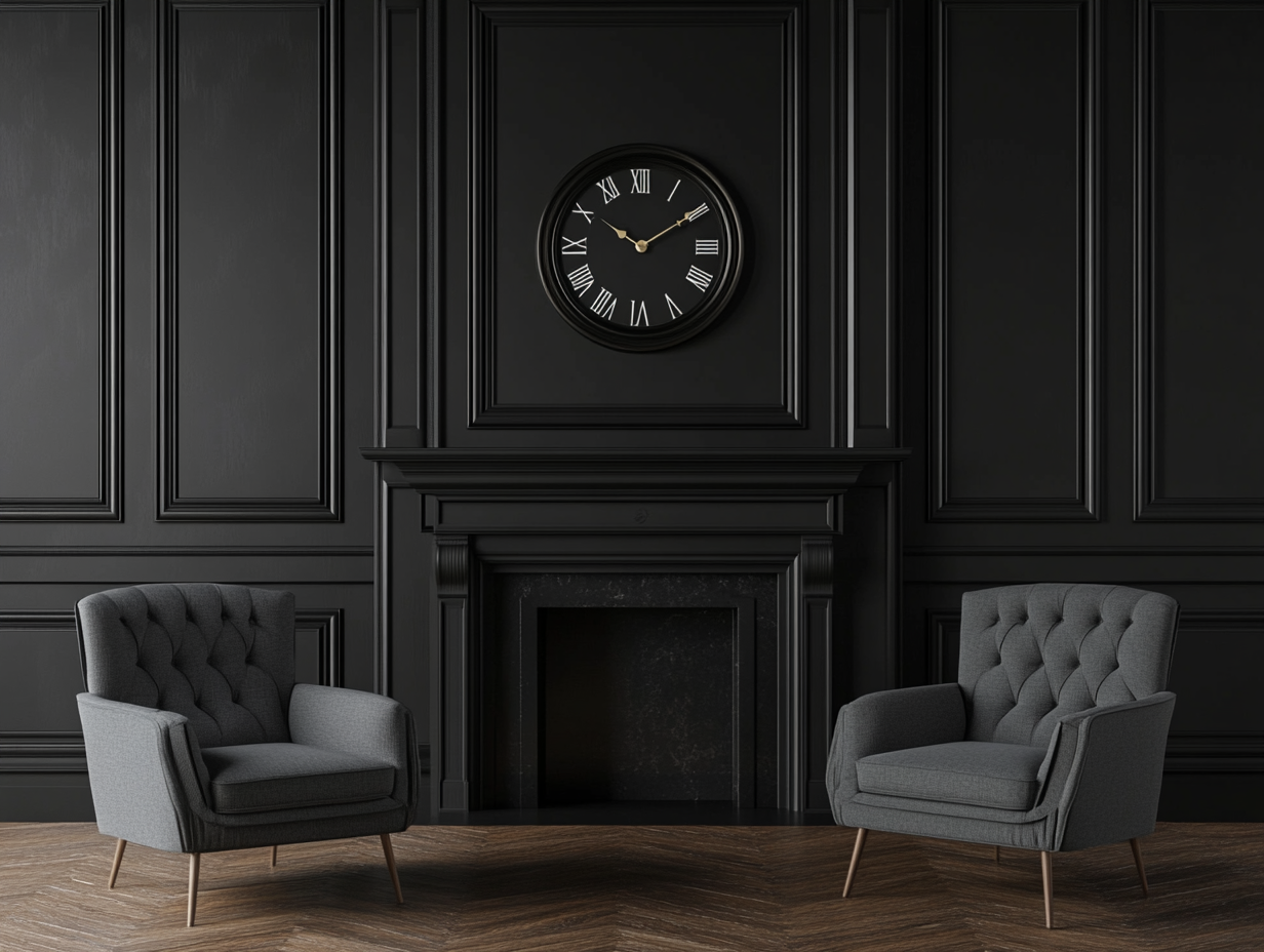 "Elegant interior with a classic black wall featuring a sophisticated clock above a fireplace, framed by dark wood paneling; two textured grey armchairs enhance the warm ambiance, high-resolution photography showcasing fine details and professional color grading."