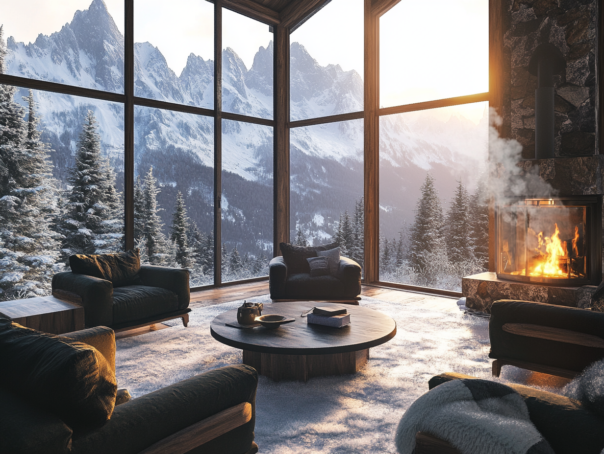 Cozy cabin interior with large windows showcasing snow-covered mountains, soft furniture, a warm fireplace, and glowing snowy peaks under sunlight, blending natural beauty with modern home decor.