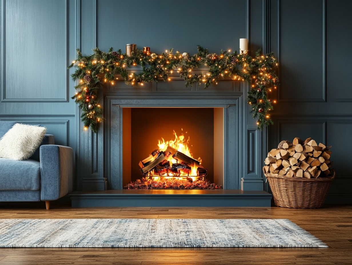 Cozy living room with blue walls featuring a fireplace adorned with Christmas decorations and a garland over the mantle, a sofa in front, a basket of firewood beside the hearth, warm light illuminating the scene, wooden floor, and carpet.