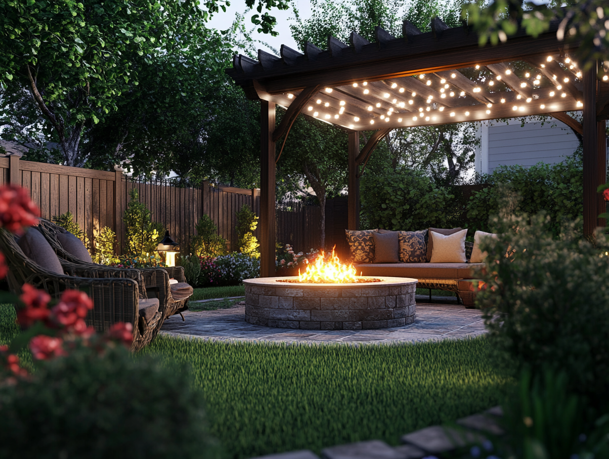 Cozy outdoor living space with elegant fire pit, comfortable seating, wooden arbor with twinkling lights, lush green grass, and colorful flowers, perfect for summer nights and social gatherings.