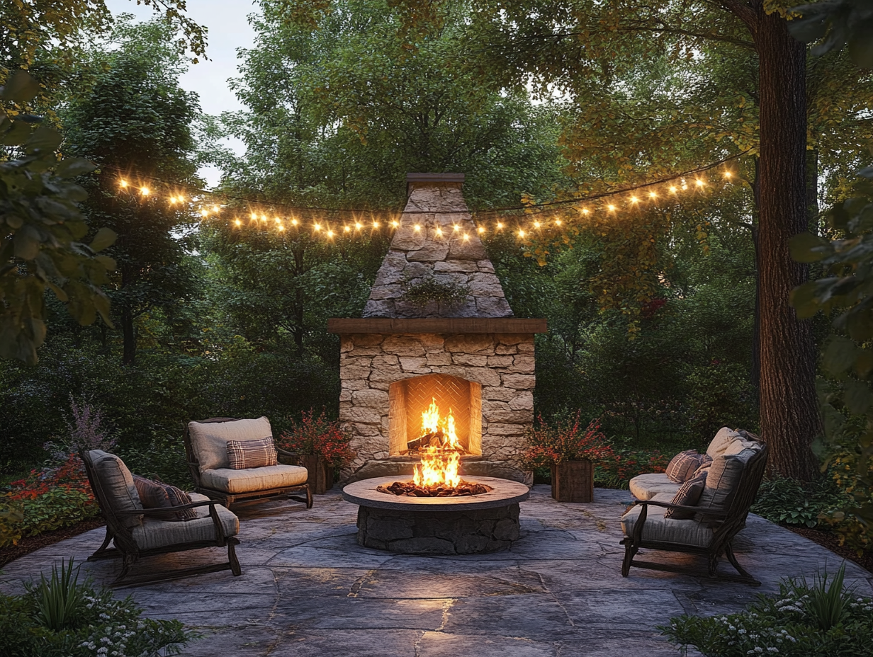 Cozy outdoor living space featuring an old stone fireplace, comfortable seating, and string lights above a fire pit, surrounded by trees for a peaceful atmosphere, ideal for relaxation and family gatherings.