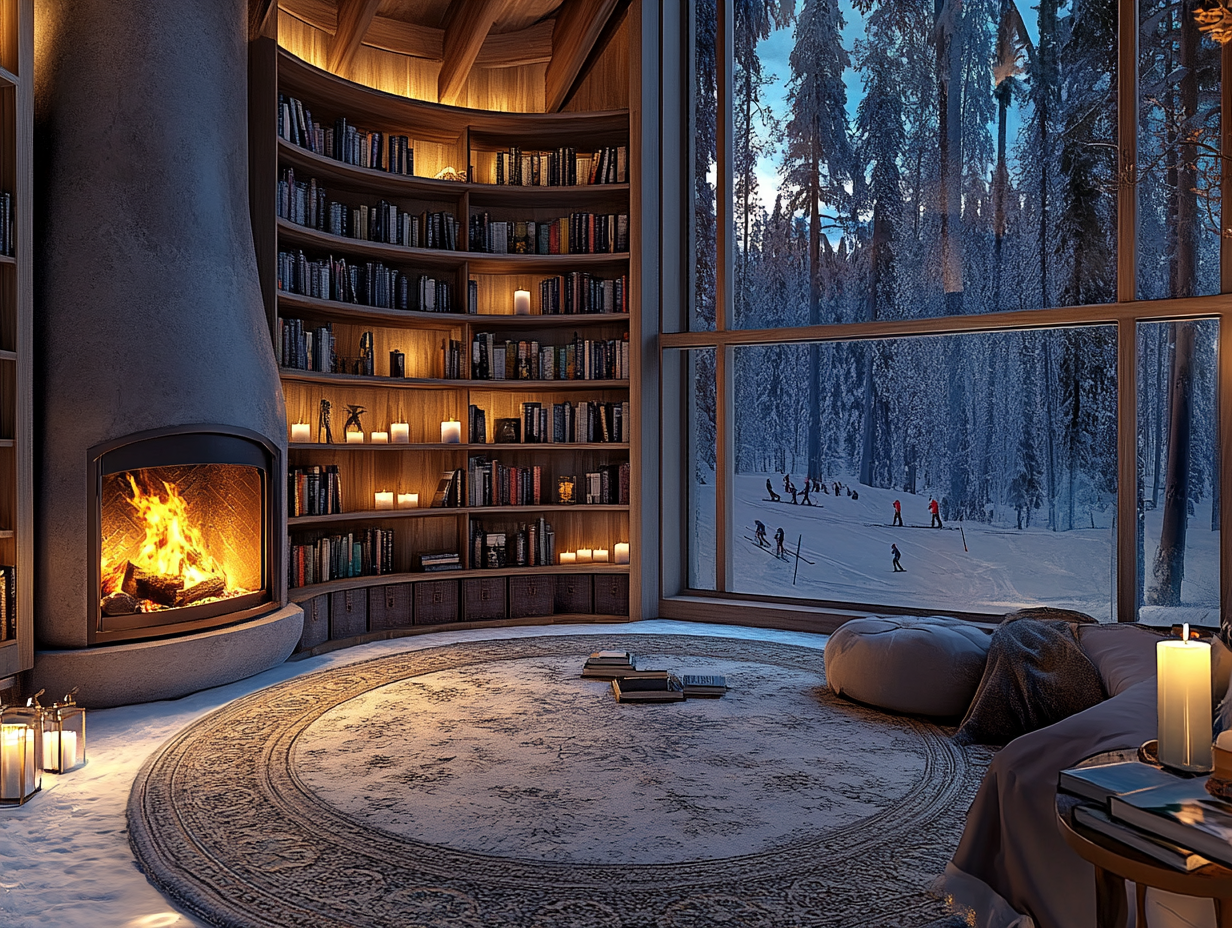 Cozy reading nook with an open fireplace, large round rug, and bookshelves filled with books; warm candlelight illuminates the space, while a window offers a view of a snow-covered forest and people skiing in the distance, creating a perfect atmosphere for reading and relaxation.