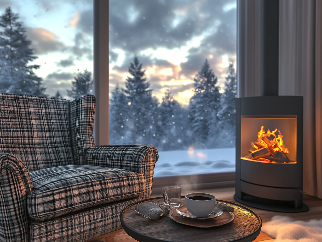 Cozy living room with a plaid armchair, snowy outdoor view, hot cup of coffee on the sofa table, and a wood-burning stove glowing warmly, creating a comfortable winter atmosphere.