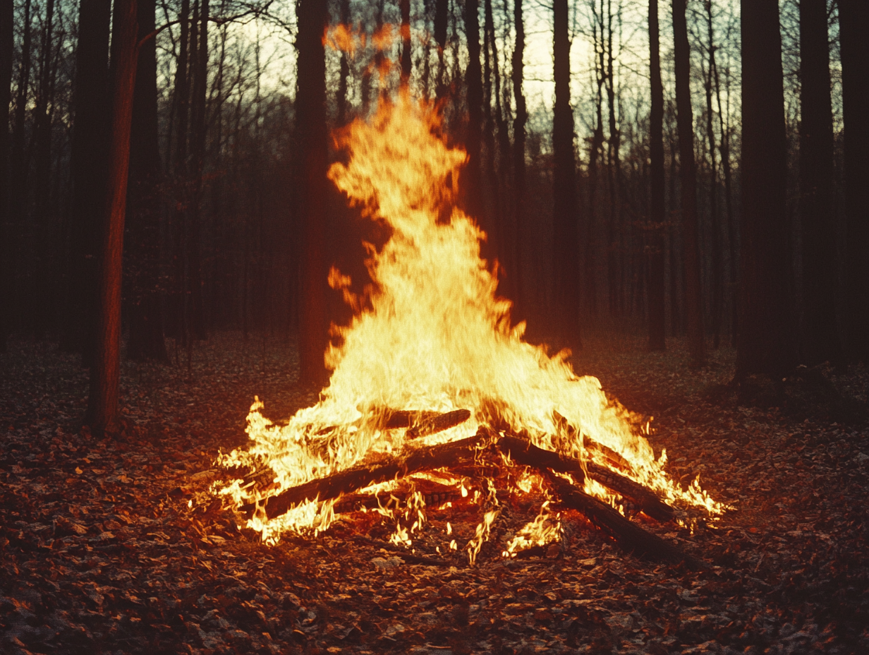 Enormous bonfire in the woods captured on Kodak Portra film, with grainy texture and nostalgic late afternoon autumnal lighting, surrounded by tall forest trees with brown leaves, creating a cinematic and atmospheric scene, shot using a Leica M6 camera with a Y-split lens filter at f/20.