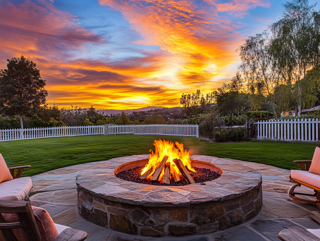 "Cozy outdoor fire pit surrounded by comfortable seating in a spacious backyard with lush green grass and a white picket fence, illuminated by a colorful sunset sky, perfect for social gatherings and casual living."