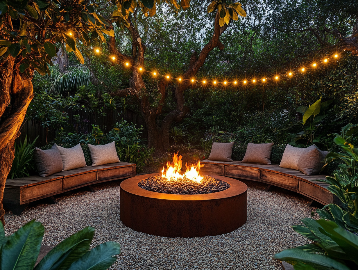 "Cozy outdoor fire pit with rusty steel exterior surrounded by wooden semi-circular bench seats with cushions, illuminated by string lights and shimmering pebbles, creating a relaxing garden atmosphere at night."