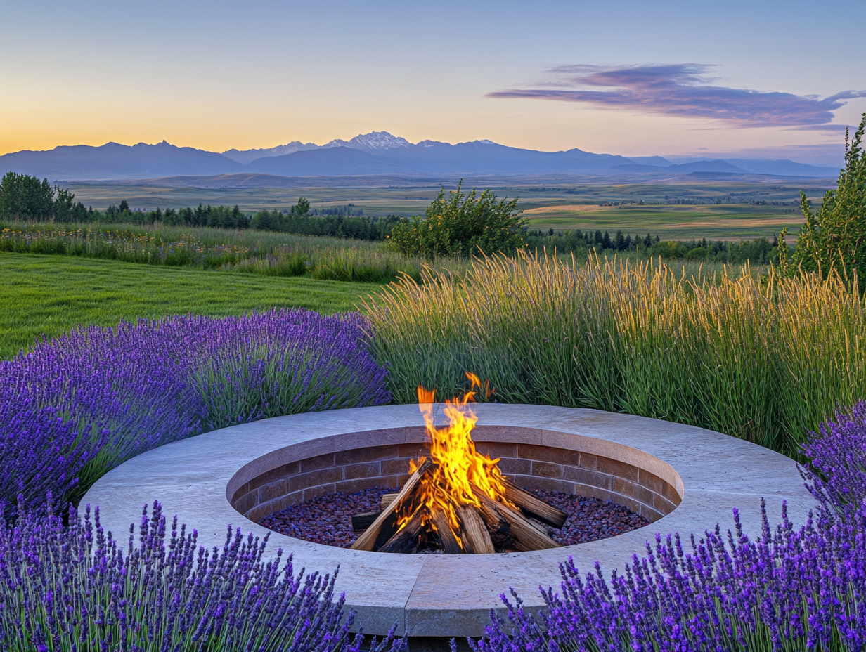 A tranquil fire pit surrounded by blooming lavender flowers, set against a lush green prairie and distant mountains, captured at dusk with warm light, highlighting the serene atmosphere; taken with a Canon EOS R5 using a wide-angle lens.