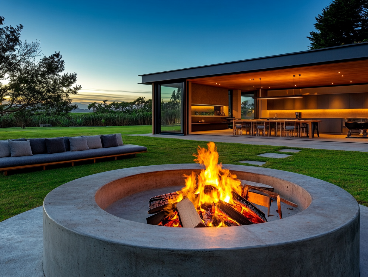 Modern architectural photography of a large round fire pit with concrete seating at night in New Zealand, featuring an open kitchen and dining area, green lawn, illuminated flames, and a sofa on the left side.