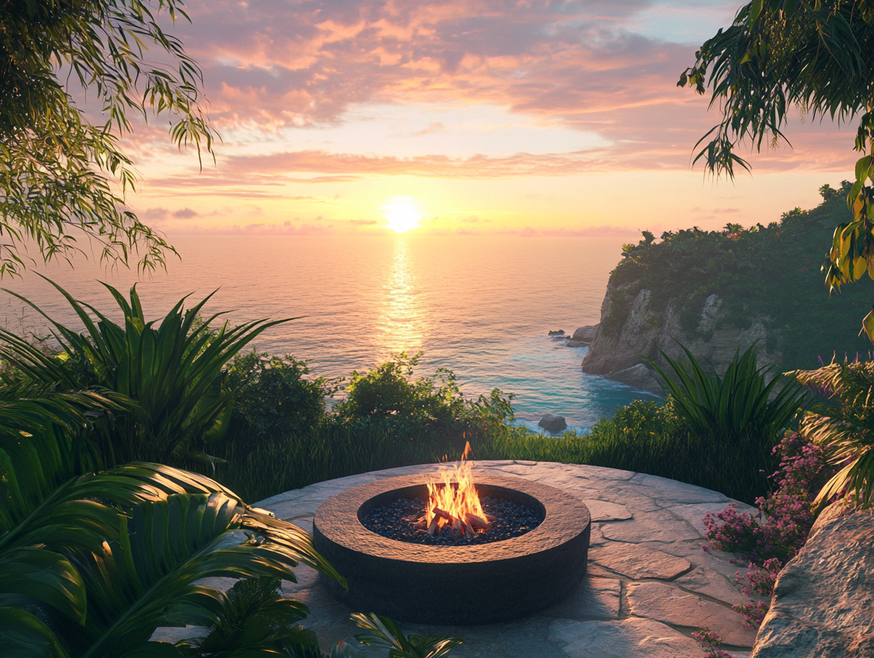 Photorealistic rendering of a fire pit on a circular stone platform overlooking a tropical coastline and lush cliffside garden at sunset, showcasing detailed textures and natural lighting.