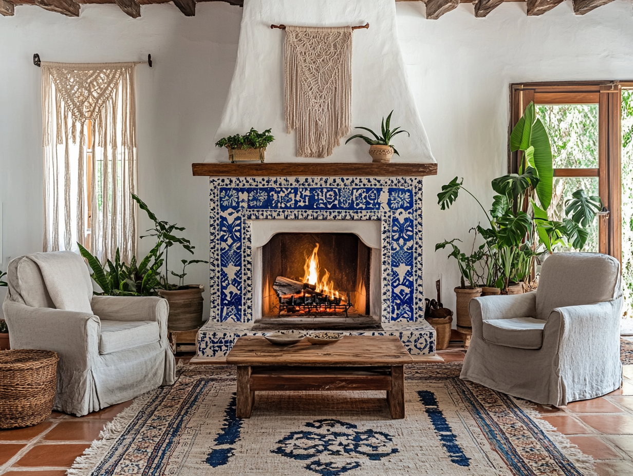 Fireplace with blue and white tiles, traditional wood-burning fire, Spanish colonial architecture style room, macramé decorations, natural linen floor covering with area rug, light grey armchairs, wooden coffee table, green plants for decor.