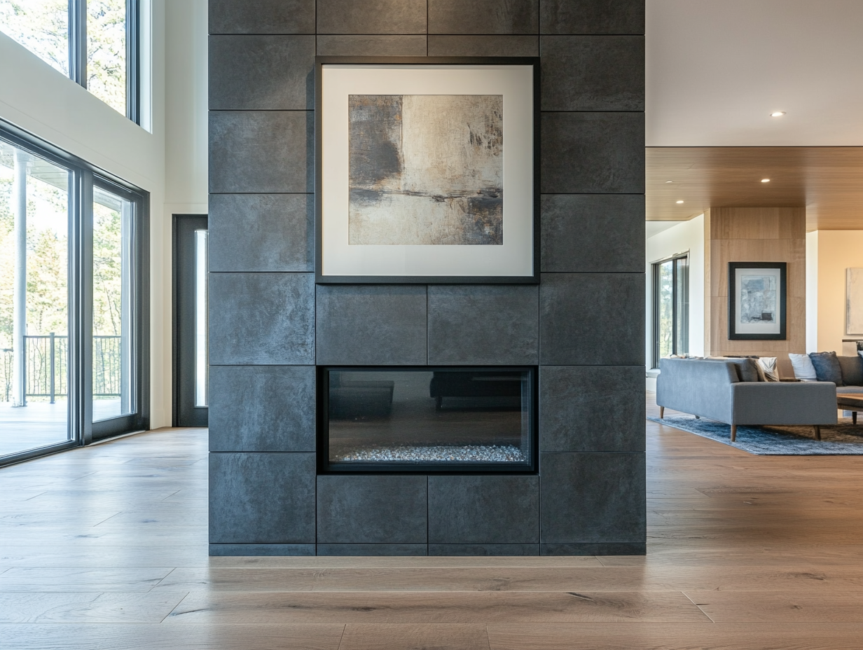 Modern minimalistic fireplace wall in open-concept living room featuring dark grey tiles with thin black grout lines, large picture frame above, light wood flooring, and elegant lighting reflections from windows.