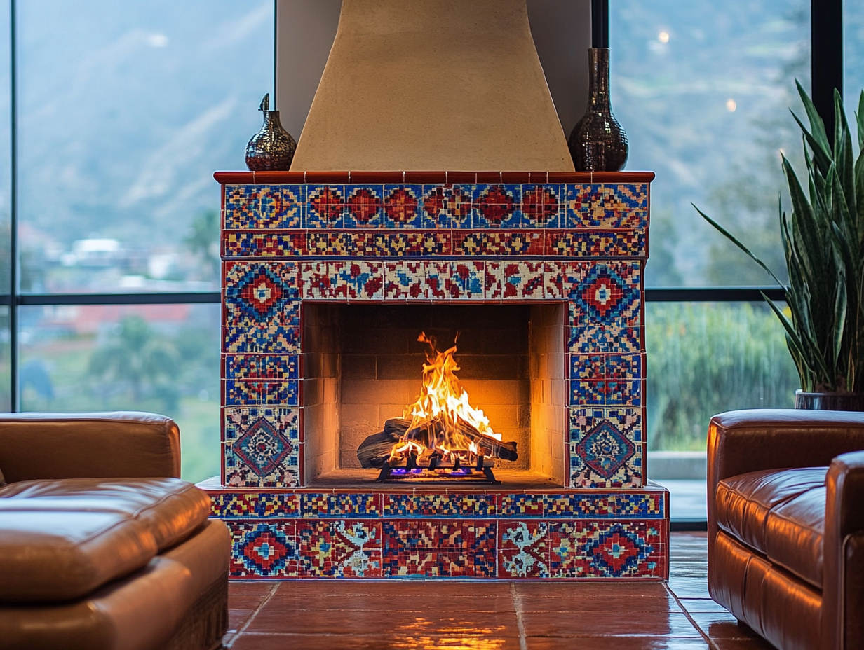 Cozy living room with a vibrant red and blue tiled fireplace featuring intricate Mexican art patterns, a warm fire glowing in the center, leather sofas in front, and a large window highlighting a colorful outdoor landscape, blending traditional mosaic tiling with modern design for a lively ambiance.