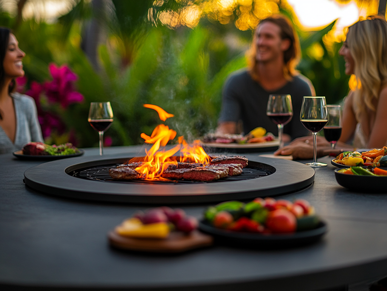 Group of friends enjoying an outdoor meal around a round wrought-iron fire table at sunset, with flames from the built-in grill, delicious steaks, colorful vegetables, and wine glasses on stylish coasters surrounded by lush greenery.