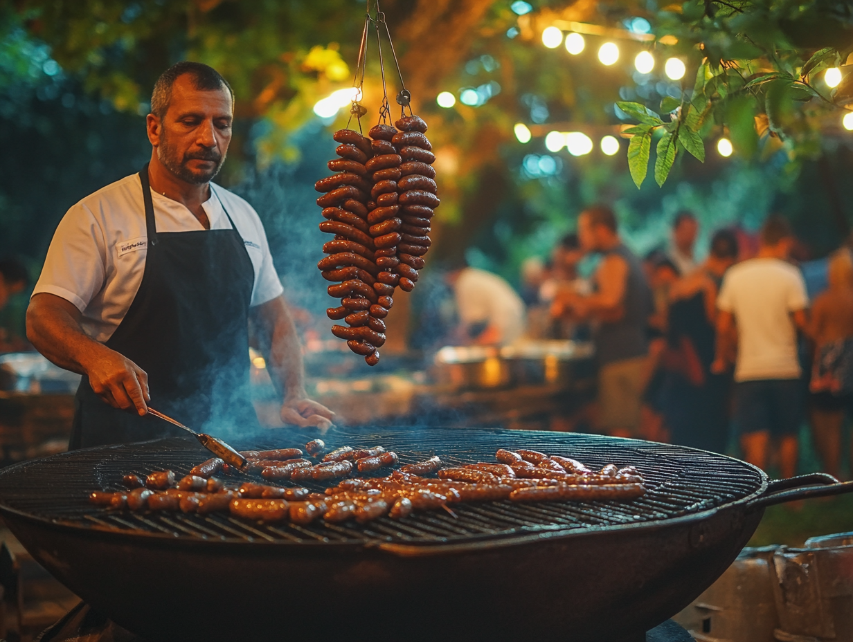 "Outdoor festival in Brazil featuring a large round grill with meat and sausages being grilled by a man in a black apron and white shirt, surrounded by people enjoying food under illuminated trees, captured with a Canon EOS R6 at f/8 aperture."