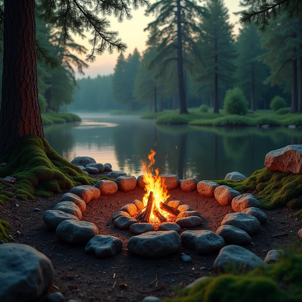 A serene sunset over a tranquil lake, with vibrant orange and pink hues reflecting on the water's surface, surrounded by lush green trees and a clear blue sky.