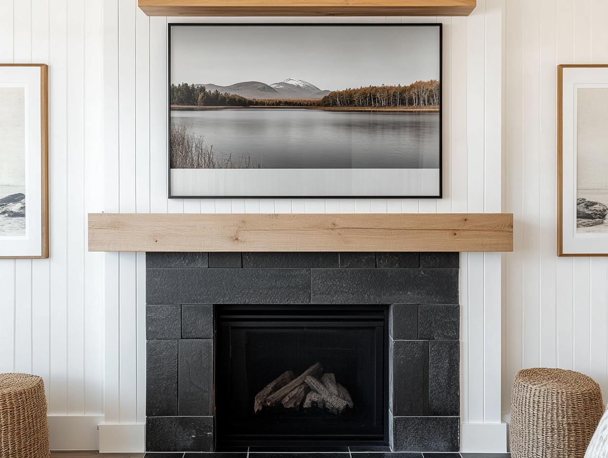 "Horizontal picture frame above black stone tile fireplace in modern farmhouse living room, featuring a black and white photo of Lake George on shiplap wall, light oak wood accents, wide beige wooden mantel, large TV on tall shelf, minimalist decor in neutral colors."