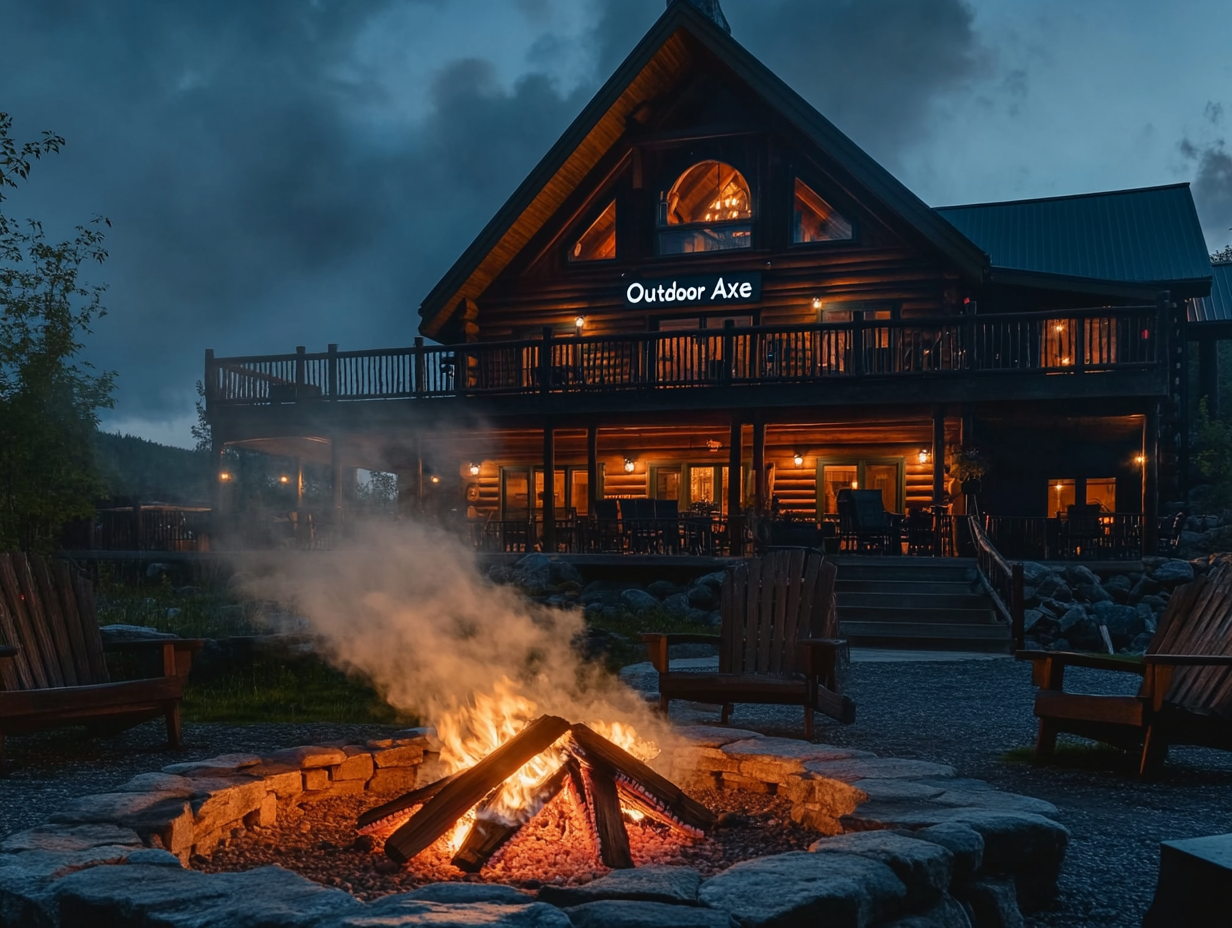 Large log cabin with a spacious front porch and fire pit in the foreground, billowing smoke, luxurious home in the background featuring a second-floor wooden deck and grand outdoor fireplace at night, "Outdoor Axe" sign visible, chairs arranged around the fire pit, captured by a professional photographer using a Canon EOS R5 camera.