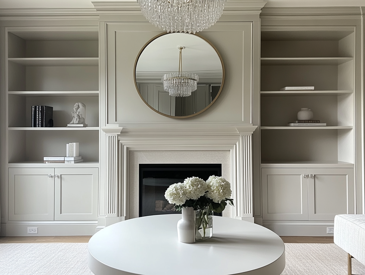 Large round white coffee table in front of a fireplace with built-in shelves, light gray walls, large mirror above the fireplace, and a chandelier, creating a well-lit, neutral-toned living room decor.