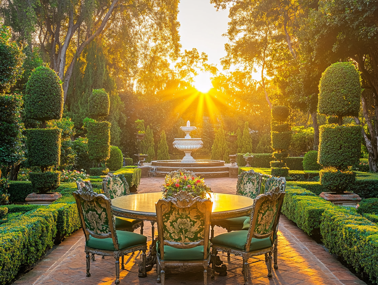 Luxurious outdoor dining setting in a garden with a circular table and ornate chairs, surrounded by topiary hedges. Golden sunlight creates a warm ambiance, while a fountain enhances the grandeur. Green accents and floral arrangements add elegance amidst lush greenery.