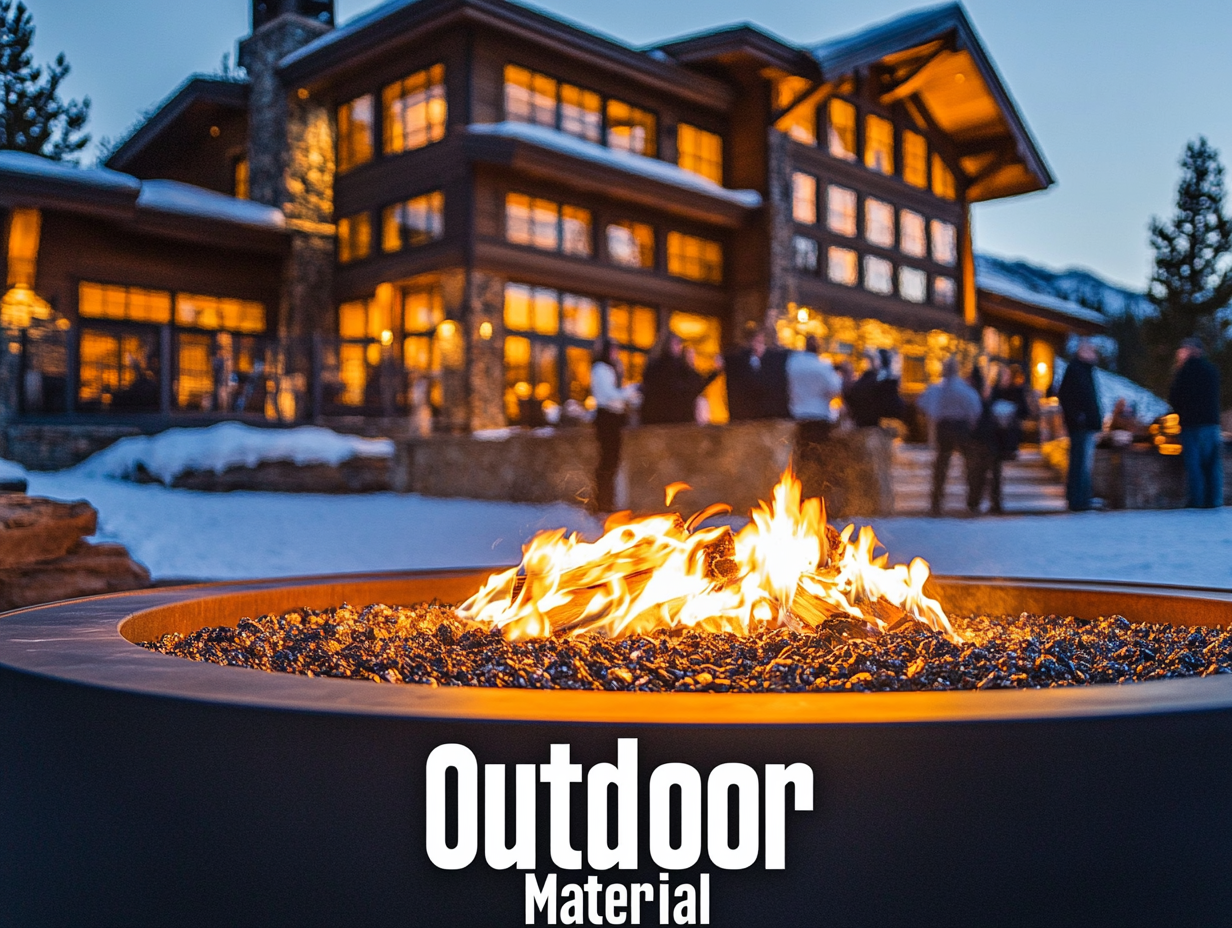 Alt Text: Luxurious outdoor fire pit in front of an elegant cabin with people enjoying the warm glow and cozy atmosphere, surrounded by nature; large luxury home in the background with guests socializing, captured in high-quality photography showcasing the blend of indoor comfort and natural beauty.