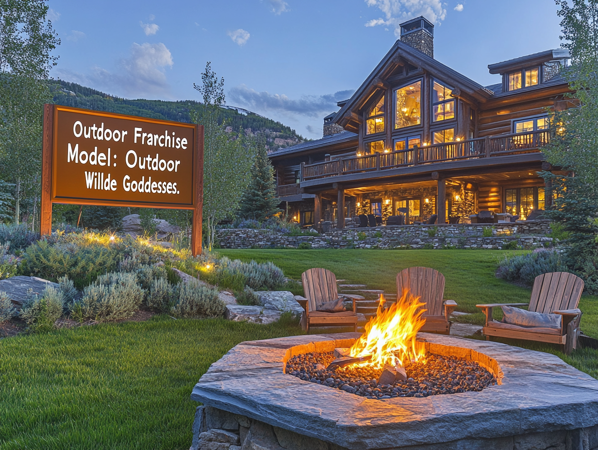 Luxury mountain home in Colorado at night featuring an outdoor fire pit surrounded by natural stone, wooden chairs, and green grass. The scene includes a sign reading "Outdoor Franchise Model: Outdoor Wilde Goddesses," with a two-story log cabin-style house and a prominent chimney in the background.