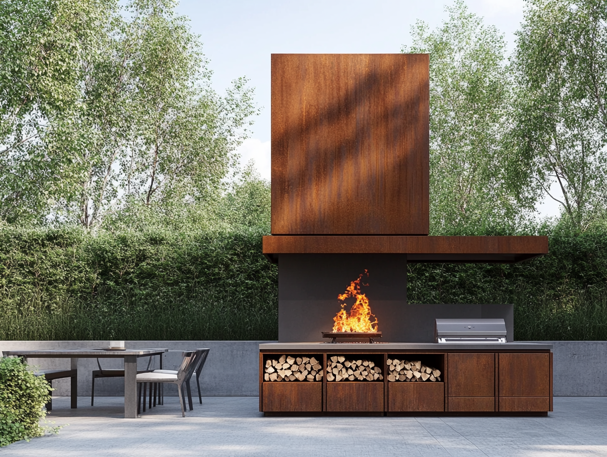 Minimalist outdoor fireplace designed by Lurssen Aurelius Ar with stacked wood boxes, burning fire, surrounded by green trees and gray concrete tiles, featuring an open air dining table, captured in high resolution with bright natural lighting.