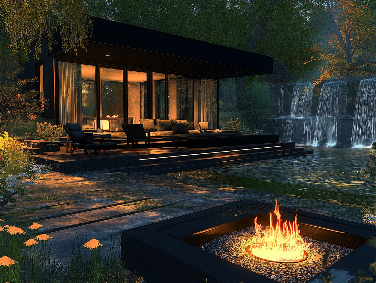 Modern black house with large windows at night, surrounded by a garden featuring cozy sofas and chairs near a fire pit with visible flames, and illuminated waterfalls flowing into a swimming pool, in a hyper-realistic and super-resolution scene.