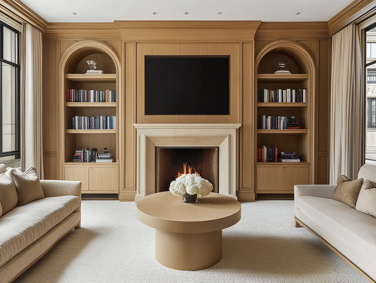 Modern bright living room with built-in bookshelves, a wall-mounted fireplace, a large round coffee table, white oak shelves, a TV above the fireplace, a cream-colored carpet, and arched doorways, featuring a neutral color palette.