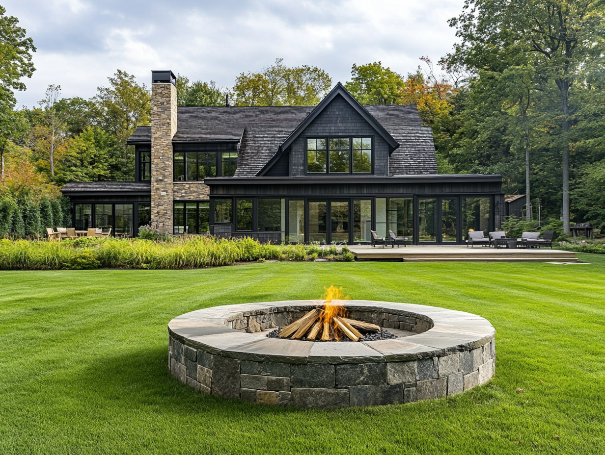 Modern farmhouse A-frame style home with large windows, black shingle roof, and natural stone accents on an expansive green lawn, featuring a circular fire pit made from rough-hewn stones, surrounded by cut grass in muted grays and dark beige. Multiple glass doors invite guests into the cozy ambiance of the house.