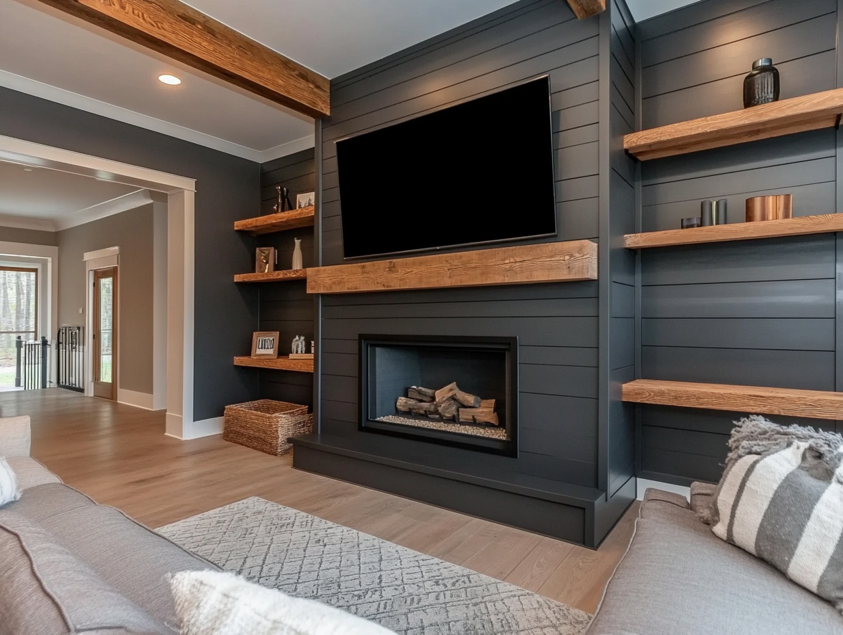 Modern farmhouse-style living room featuring a black shiplap fireplace, wood shelves above, a large flat-screen TV, and a dark grey color palette, showcasing stylish home decor photography.