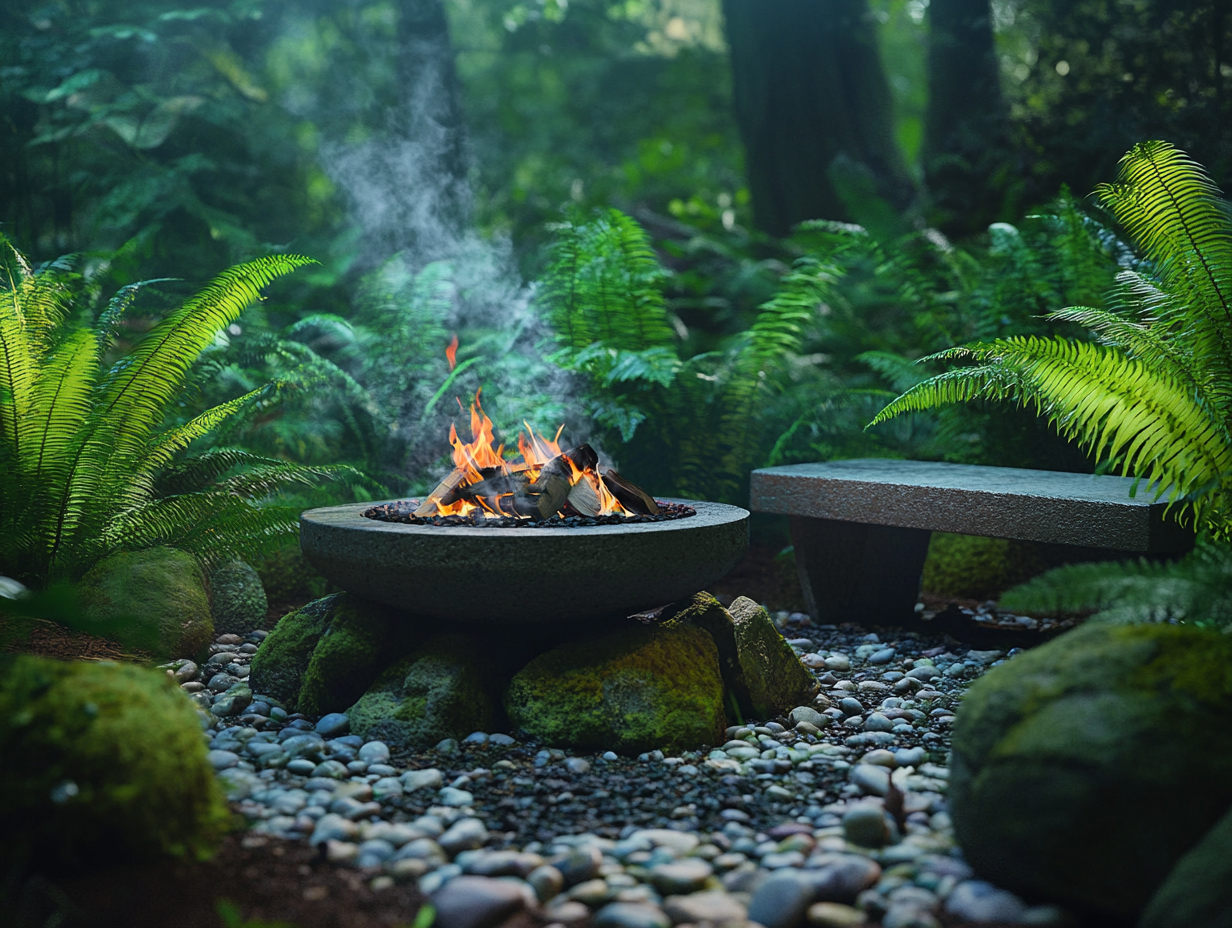 Modern outdoor fire pit surrounded by moss-covered rocks and pebbles in an enchanted forest clearing, featuring a minimalist stone bench and lush ferns, creating a cozy atmosphere with rising smoke, captured in high quality with a Canon EOS R5 camera and shallow depth of field.