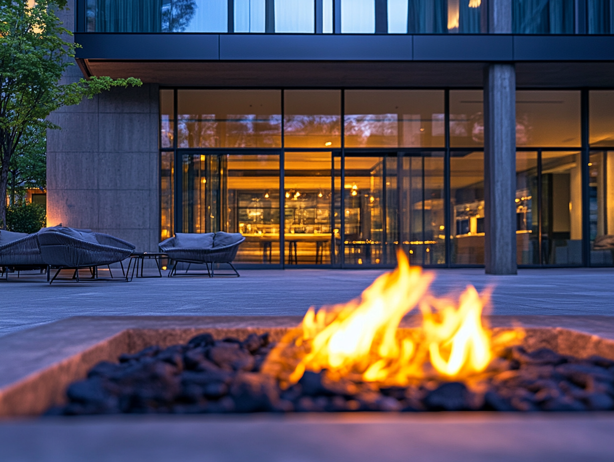 Sleek modern fire pit with burning flames and black embers on an open-air patio near a luxury hotel, surrounded by contemporary outdoor chairs, illuminated by warm ambient lighting from glass walls, highlighting the contrast between natural warmth and artificial light.