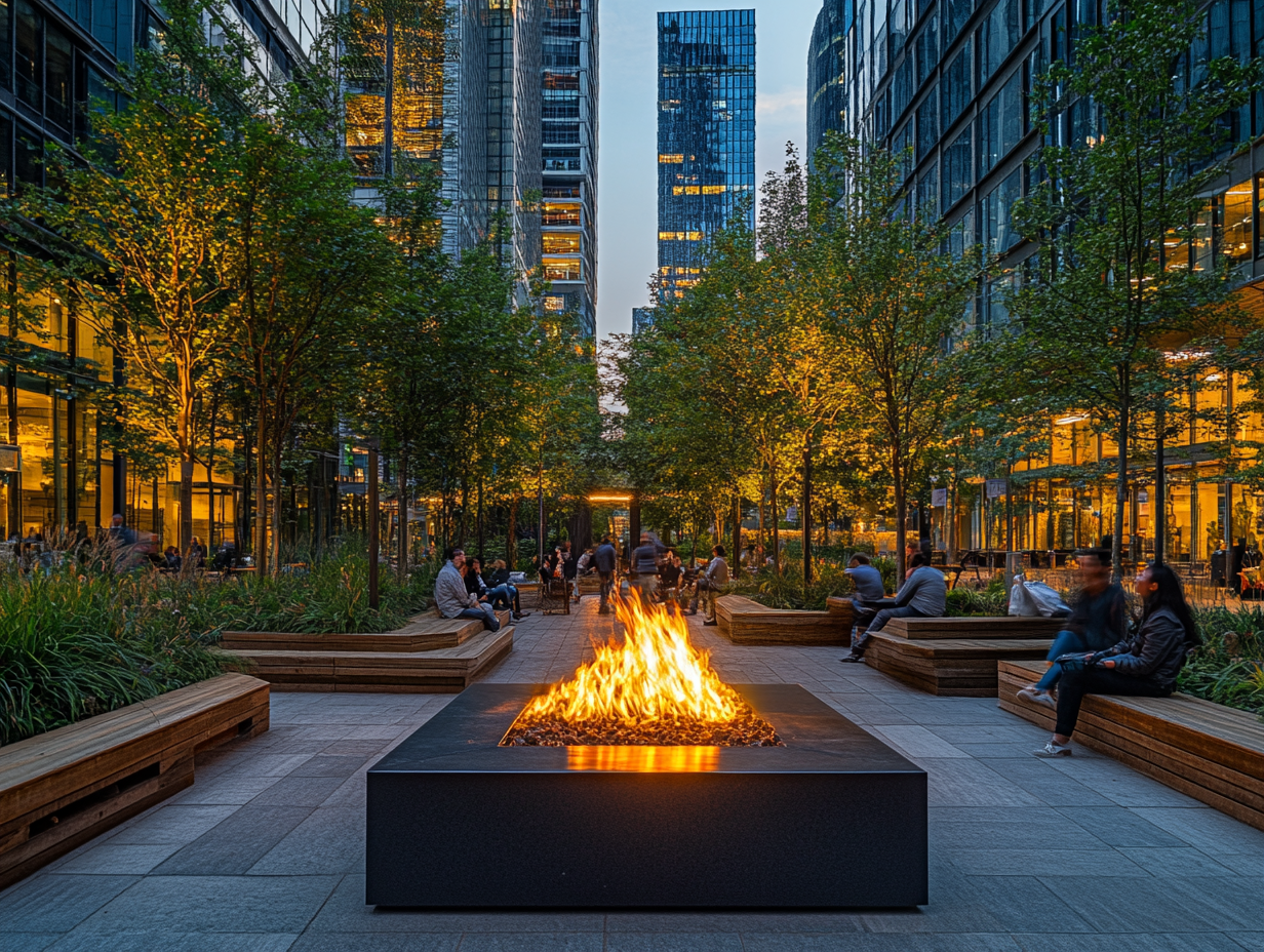 Modern sleek fire pit in urban park with wooden benches and lush greenery, people enjoying summer night, illuminated by warm golden light, tall buildings in background, captured in detail with Canon EOS R5 macro lens.