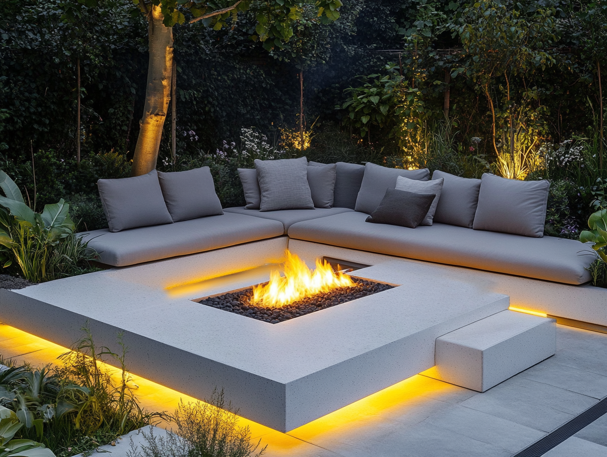 Modern garden featuring a large white stone fire pit with a lit fire, surrounded by grey outdoor sofas, enhanced by yellow LED lighting underneath, creating an elegant ambiance with lush plants in the background.