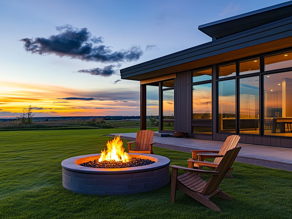 Modern minimalist home with large windows overlooking a lush green lawn at sunset, featuring a lit fire pit surrounded by wooden chairs, capturing the essence of luxury living and outdoor leisure, photographed with a Nikon Z7 II at 8k resolution.